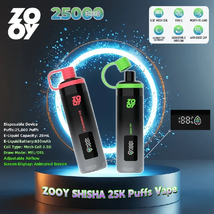 ZOOY SHISHA 25000 25 tys. zaciągnięć, jednorazowy, regulowany przepływ powietrza, 0%, 2%, 3%, 5%, nikotyna, 10 smaków, animowany ekran, prosto z fabryki